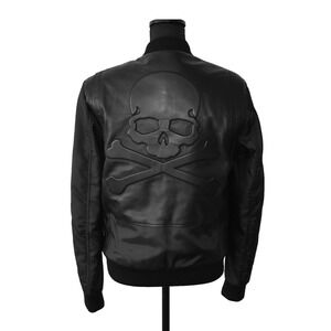B00 Auth PHILIPP PLEIN Skull Leather & Fabric Paneled Bomber Jacket Size S